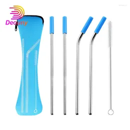 Drinking Straws DEOUNY 6Pcs Reusable Stainless Steel With Travel Case Cleaning Brush Silicone Tips Eco Friendly Metal