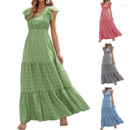 Casual Dresses Womens Summer V Neck Dress Short Sleeve High Waist Bohemian Printed Pattern Maxi Long
