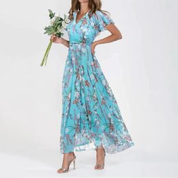 Casual Dresses Women Chiffon Long Dress Short Sleeve Floral Print Summer V-Neck Holiday Sundresses Robe Femmes