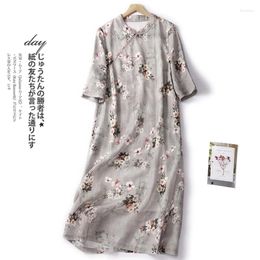 Party Dresses 2024 Arrival Stand Collar Print Floral Fashon Chinese Style Spring Summer Dress Vintage Women Travel Casual Midi