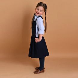 Girls dresses navy pleated pinafore gold buttons suspenders school dress 59 sizes adjust waist inside elastic children clothes 240403
