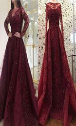 2019 Burgundy Long Sleeve Evening Dresses Sparkly Appliques A Line Crew Neck Sweep Train Dubai Arabic Style Formal Occasion Party 4588775