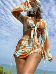 Women's Swimwear 5 Pcs Halter Print Bikini Swimsuit Cover Up Top Beach Skirt Sexy Women Bathing Swimming Swim Suit Beachwear With Scarf