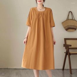 Party Dresses 2024 Arrival Cotton Blend Short Sleeve Loose Summer Dress Office Lady Work Fashion Women Travel Casual Pleated