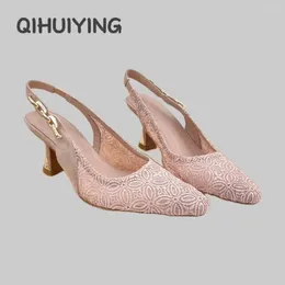Sandals 2024 Sping Summer Handmade Lace Hollow Pointed-Toe Slingback Heels Shoes Dress Pumps Banquet Ladies Sapato Feminino