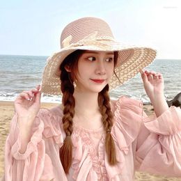 Wide Brim Hats 2024 Spring And Summer Panama Women's Lace Ribbon Sunshade Beach Sun Straw Hat Fashion Sunscreen Big Bowknot Cap
