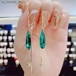 Charm Light Luxury Long Tassel Drop Earrings For Women Green Colour Water Drop Rhinestone Hanging Ear Line Girl Party Jewellery Pendiente240408