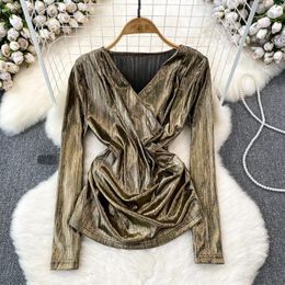 Women's T Shirts Fashion V-neck Slim Metallic Chic Women Shirt Autumn Spring Long-sleeved Tops Y2k