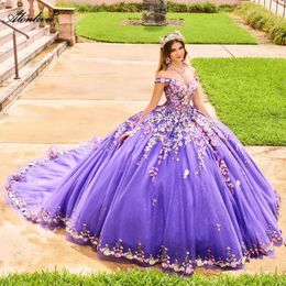 Beauty Beaded 3D Flowers Ball Gown Quinceanera Dresses Off Shoulder Sleeves Purple Quince Dresses Princess Formal Gowns With Beading Pearls Embroidery Floral Lace