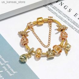 Charm Bracelets Gold Plated Beaded Pendant Bracelets Cartoon Style Childrens Bracelet Brand Gift Diy Glass Beaded Bracelets High Quality Girl Jewelry240408