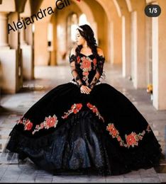 2022 Gothic Black and Red Embroidery Mexican Quinceanera Dresses Velvet Ball Gown Off the shoulder with Long Sleeves Corset Sweet 9536736