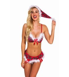 Women Christmas Hat Bra and Panty Set Red Plaid Sexy Seductive Bikini Swimsuit Costume Lingerie with White Fuzzy Trim and Satin Bo8720192