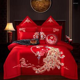 Bedding Sets Egyptian Cotton Set Luxury Gold Peony Phoenix Embroidery Red Chinese Wedding Duvet Cover Bed Sheet Pillowcase