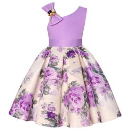 Lavender Flower Dress Rose Bow Kids Wedding Bridesmaid Clothes for Girls 210 Years 240325