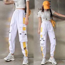 Women's Jeans Cargo Pants Womens Summer Thin 2020 High Waist Loose Casual Sports Pants Trousers Women Lace Up Pants Black White Spliced Pants Y240408