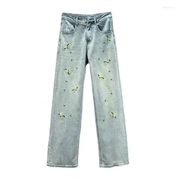 Women's Jeans Ethnic Style Embroidered Flower For Women Mop Pants 2024 Spring High Waist Loose And Slimming Wide Leg Trousers