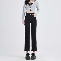 Black straight leg jeans for womens 2023 spring and autumn new personalized high waisted slim fit and slim fur edge nine point chimney pants