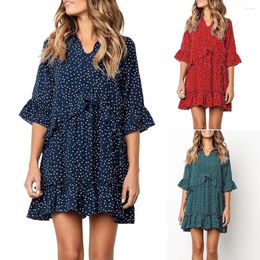 Casual Dresses Pretty Cross Ruffles Polka Dot Print Swing Dress Flare Sleeve Loose Mini Elegant Y2k For Women Woman Clothing