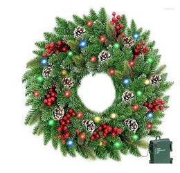 Decorative Flowers 24" Pre Lit Christmas Wreaths Outdoor Lighted Wreath For Front Door Red Berries Fall Candle