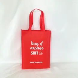 Gift Wrap Wholesales Promotional 500pcs/lot Custom Logo Printed Reusable Red Non-woven Tote Bag With Handle For Shopping And Market