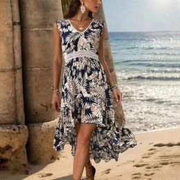 Casual Dresses Lightweight Printed Dress Boho Leaf Print Vacation With V Neck Hollow Out Waist Summer Beach Irregular