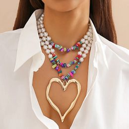 Elegant Big Love Heart Pendant Choker Necklace for Women Multilayer Imitation Pearl Chain Grunge Jewelry Steampunk Gift