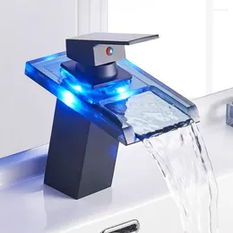 Bathroom Sink Faucets LED Faucet Black Single Hole Waterfall Glass Spout