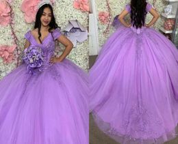 Romantic Lavender V neck 2022 Quinceanera Dresses Off the shoulder Ball Gown with Sleeves Crystal Rhinestones Lace Sweet 15 16 Cha5645274