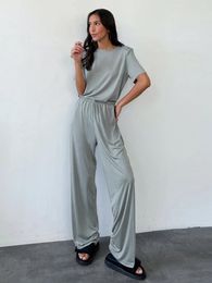 Women's Sleepwear Marthaqiqi Grey Ladies Nightgowns 2 Piece Suit O-Neck Half Sleeve Pyjamas Wide Leg Pants Casual Home Clothes For Women