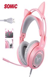 SOMIC G951 Pink Cat Headphones Virtual 71 Noise Cancelling Gaming Headphone Vibration LED USB Headset Girl Headsets for PC8641703
