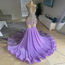 Purple Long Memraid Prom Dress for Women 2024 Diamond Crystal Feather Black Girl Birthday Evening Gown Party Outfit