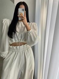 Women's Two Piece Pants Drawstring Solid Women Short Shirt Set Elastic Waist Wide Leg Female Pant Suit 2024 Spring Fashion Long Sleeve O