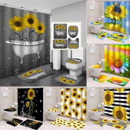 Shower Curtains Butterfly Sunflower Curtain For Bathroom Decor Spring Scenery Bath With Hooks Toilet Cover Mat Non-Slip Rugs