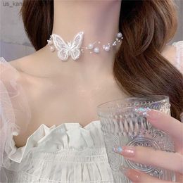 Pendant Necklaces Simple Imitation Pearl Fishing Line ChokerINS Style Fabric Butterfly Clavicle Chain Necklace For Women Elegant Jewelry240408