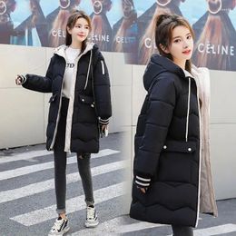 Women's Down Winter Padded Jacket 2024 Student Korean Fashion Patchwork Zipper Thick Mid-length Loose Hooded Woman Coats