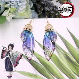 Charm New Anime Demon Slayer Butterfly Wing Earrings Kimetsu no Yaiba Kochou Shinobu Earring Cosplay Props Ear Clip Women Girl Jewelry240408