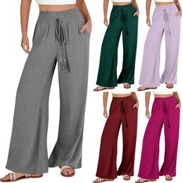 Women's Pants Summer Wide Leg Linen For Women High Waist Elastic Drawstring Long Solid Pockets Casual Trousers Loose Streetwear
