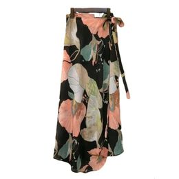 Fashion Cotton Women Floral Print Skirt Side Tie Beach Skirts Summer High Waist Wrap Flower Long With Slit 240403