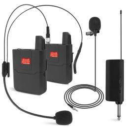 Microphones Dual Wireless Headset UHF Lavalier Microphone System Lapel Mic with Bodypack Transmitter Up to 50M for Teaching Interview