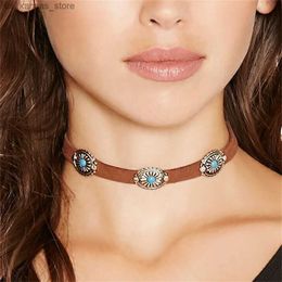 Pendant Necklaces Bohemian Green Natural Stone Flannel Choker Necklace Vintage Brown Collar For Women Adjustable Neck Strap Beach Jewelry240408