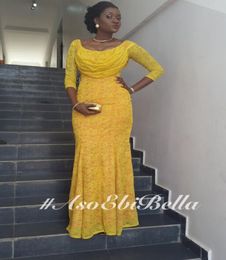 Long Sleeves Yellow Lace Plus Size Evening Dresses 2016 Design Aso Ebi Fashion Women Formal Evening Gowns Sheath Long Prom Dresses8645656