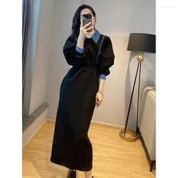 Casual Dresses Black Denim Lapel Dress For Women Spring Autumn High Waisted Slim Temperament Elegant Female Long Vestidos