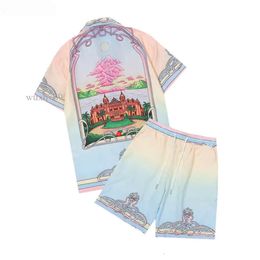 Casablanc 2023 New Mens Shirts Prairie Green Print Unisex British Silk Shirt Short Sleeve Designer Tees Womens Loose Summer Beach Tops & Shorts Set Wuxh789