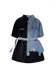 Women's Blouses Patchwork Denim Shirts And Y2k Vintage Korean Harajuku 2000s Elegant Short Sleeve Black Shirt Top Clothes Summer