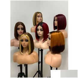 Lace Wigs Brazilian Human Virgin Hair 2X6 Bob Wig Silky Straight 4 Colour P4/27 99J T4/350/4 10-14Inch Middle Part 150% 180% Density Dr Otjeb