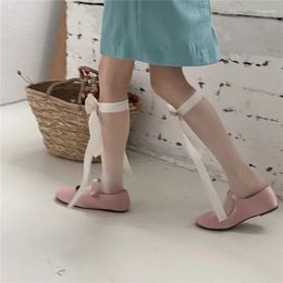 Women Socks Bows Tie Stocking Lace Striped Long Knee Length Solid Sock For Daily Wearing