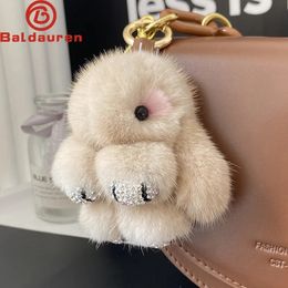 Luxury Big Mink Fur Bunny Pendant Bag Jewellery Key Chain Plush Trumpet Cute Rabbit Children Animal Cartoon Doll 240325