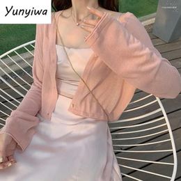 Women's Knits Cardigan Women Summer V-neck Single Breasted Flower-buttons Elegant Sun-proof Thin Slim Fairy Feminino Sweet Young Girls