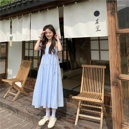 Casual Dresses 2024 Summer Women's Blue Beach Vacation Strap Dress Female Solid Color Sleeveless Sweet Style Long Sling A-Line