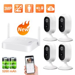 System Techage 4CH Mini Wireless NVR Kit 3.0MP Battery WiFi IP Camera System Home Security Video Surveillance Set Twoway Audio Camera